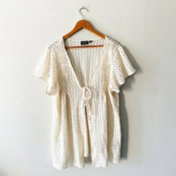 Avenue cream lace loose knit cardigan short sleeve tied pleated 26 / 28